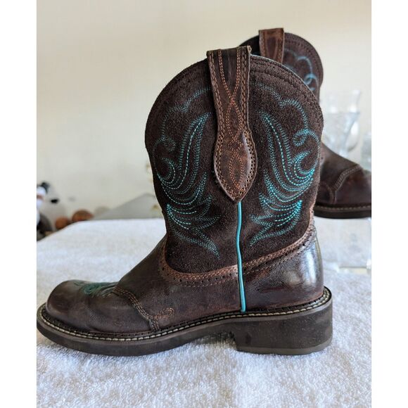 Ariat Women Western Boots Brown Turquoise Stitching Leather Round Toe - Picture 3 of 15